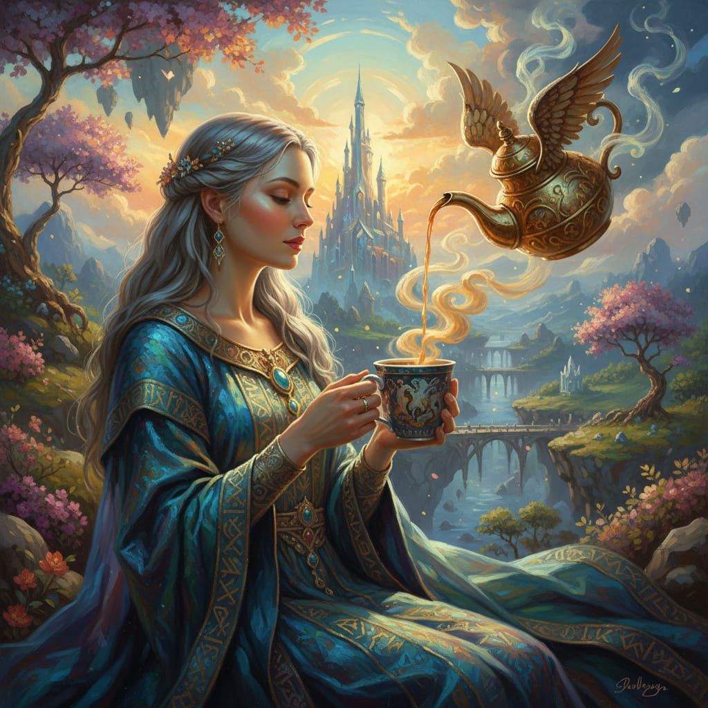 Fantasy Mage Served Coffee By Floating Pot