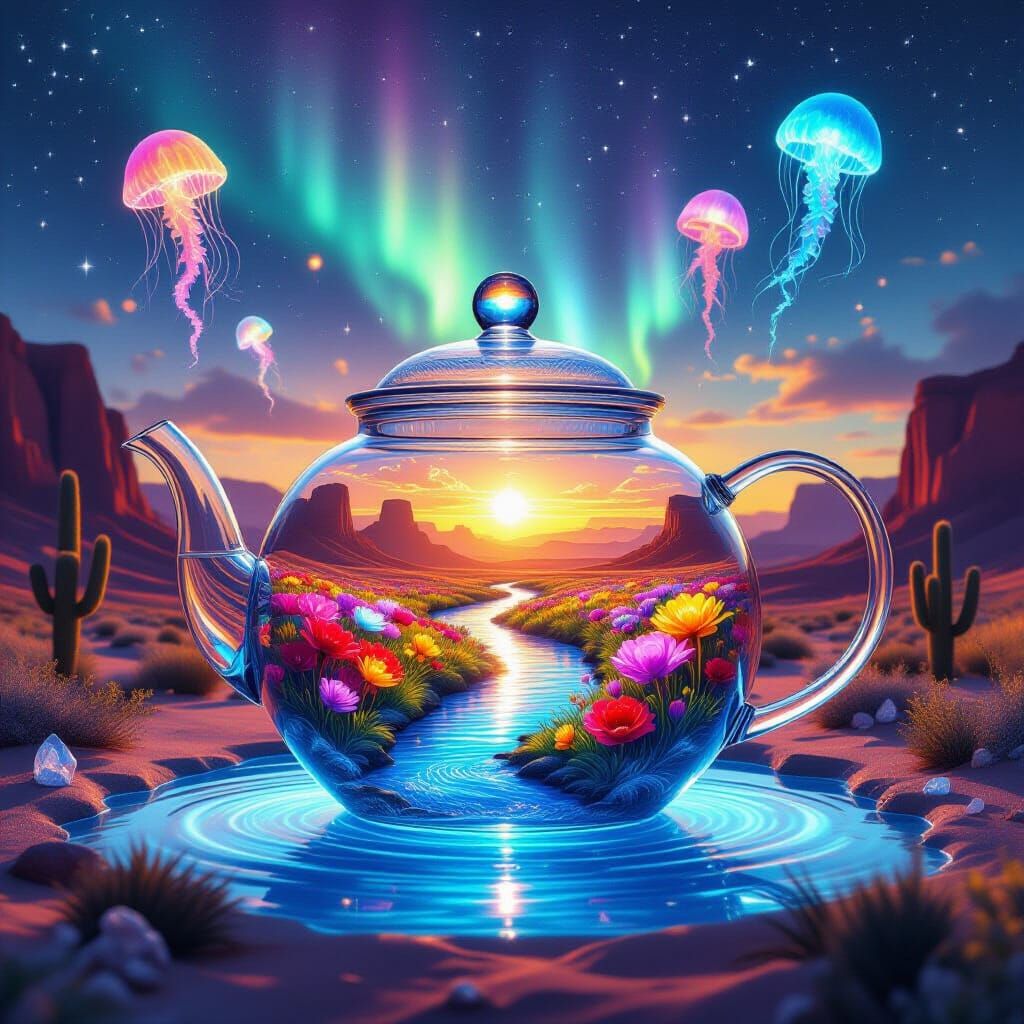 Surreal Fantasy Landscape in Teapot with Rainbow River