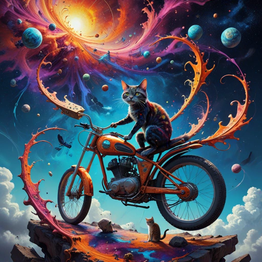Surreal Fish-Spider & Cat Guitarist in Cosmic Splatter Art