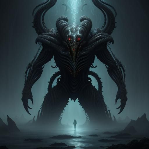 Biomechanical Alien Creature in Dark Fantasy Landscape