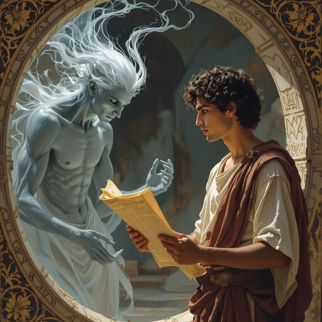 Philosopher Encounters Spirit in Surreal Art Nouveau Scene