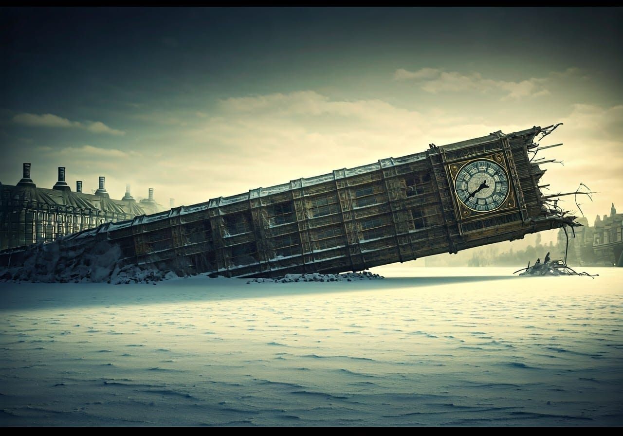 Ruins of Big Ben collapsed sideways under the snow