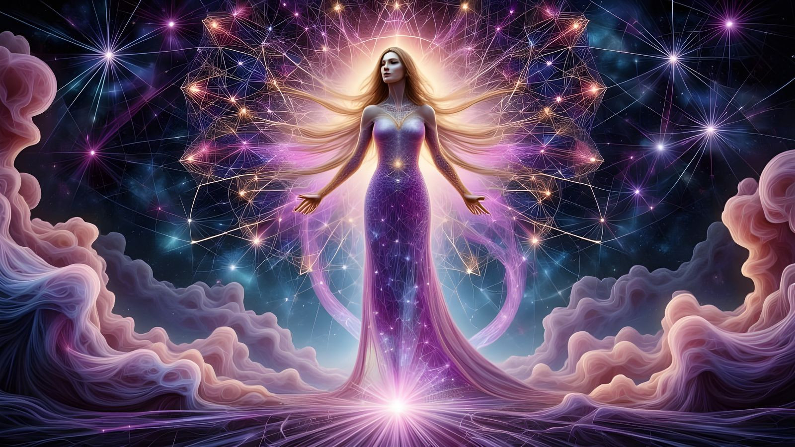 Sacred Geometry Mandala with Cosmic Goddess in Holographic S...