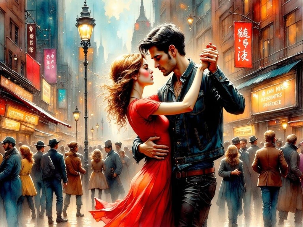 Couple Dancing in Times Square, Ink Illustration