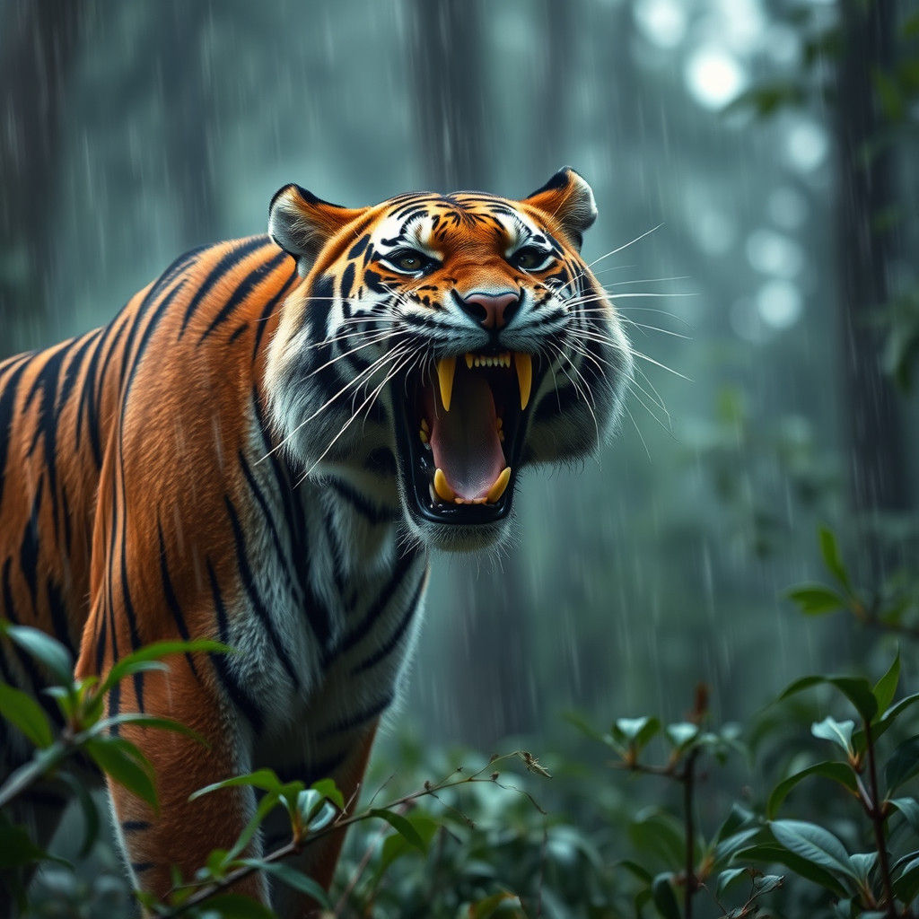 Roaring Tiger in Raining Forest: 4K Resolution