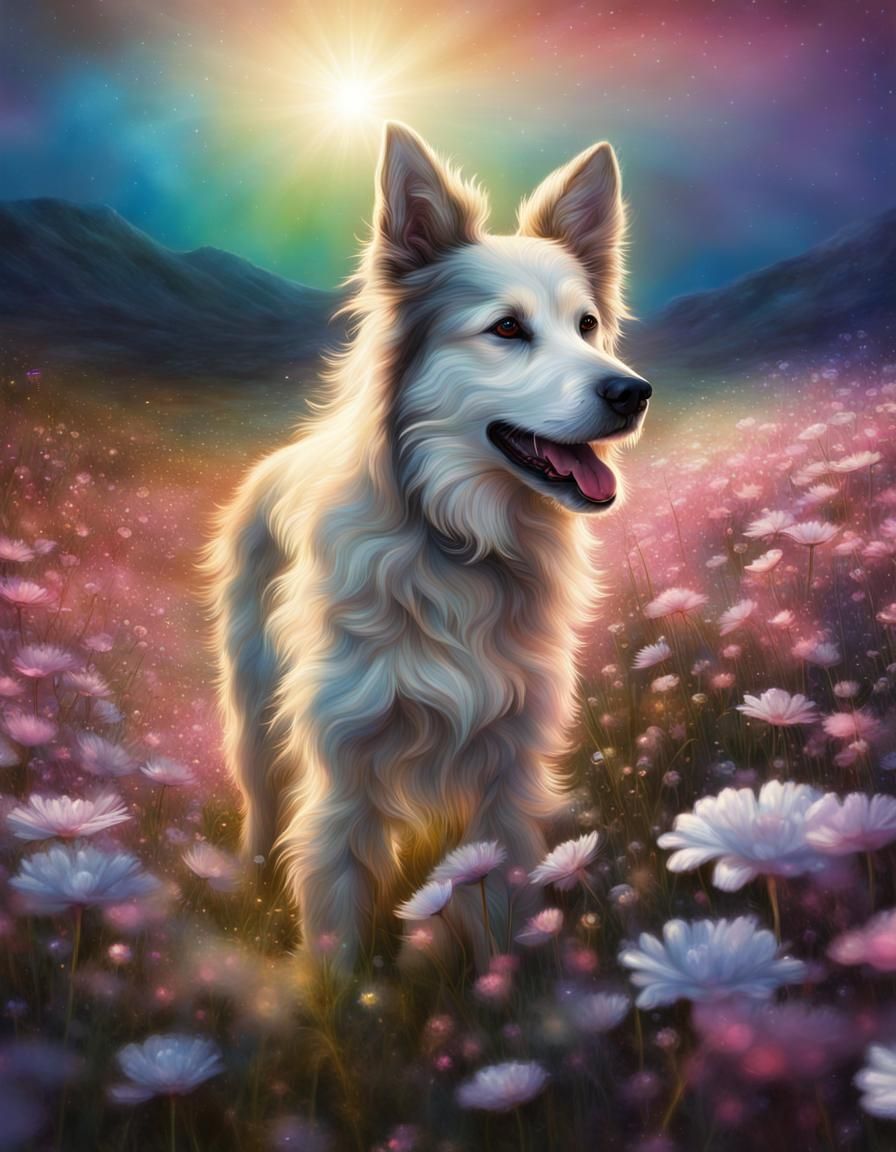 Dog in Flower Field with Starlight