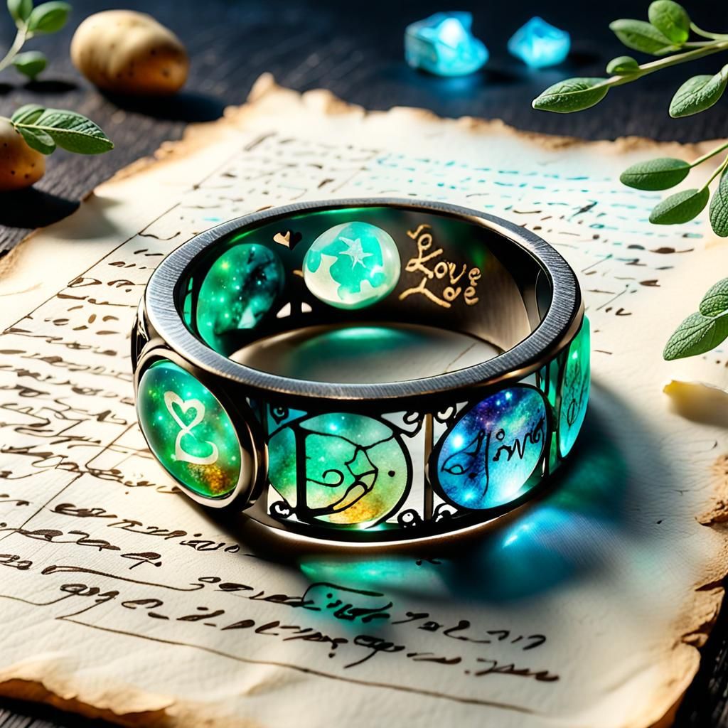Elven Resin Ring with Luminescent Glow on Parchment