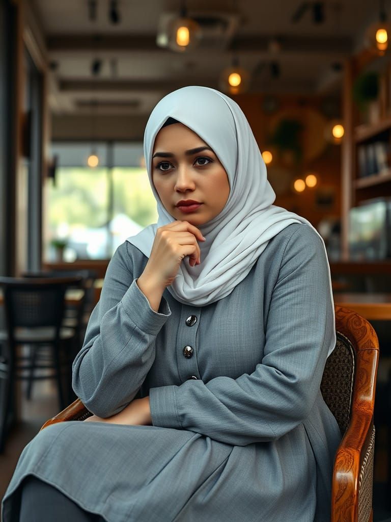 Curvy Hijabi Woman Contemplates in a Cafe