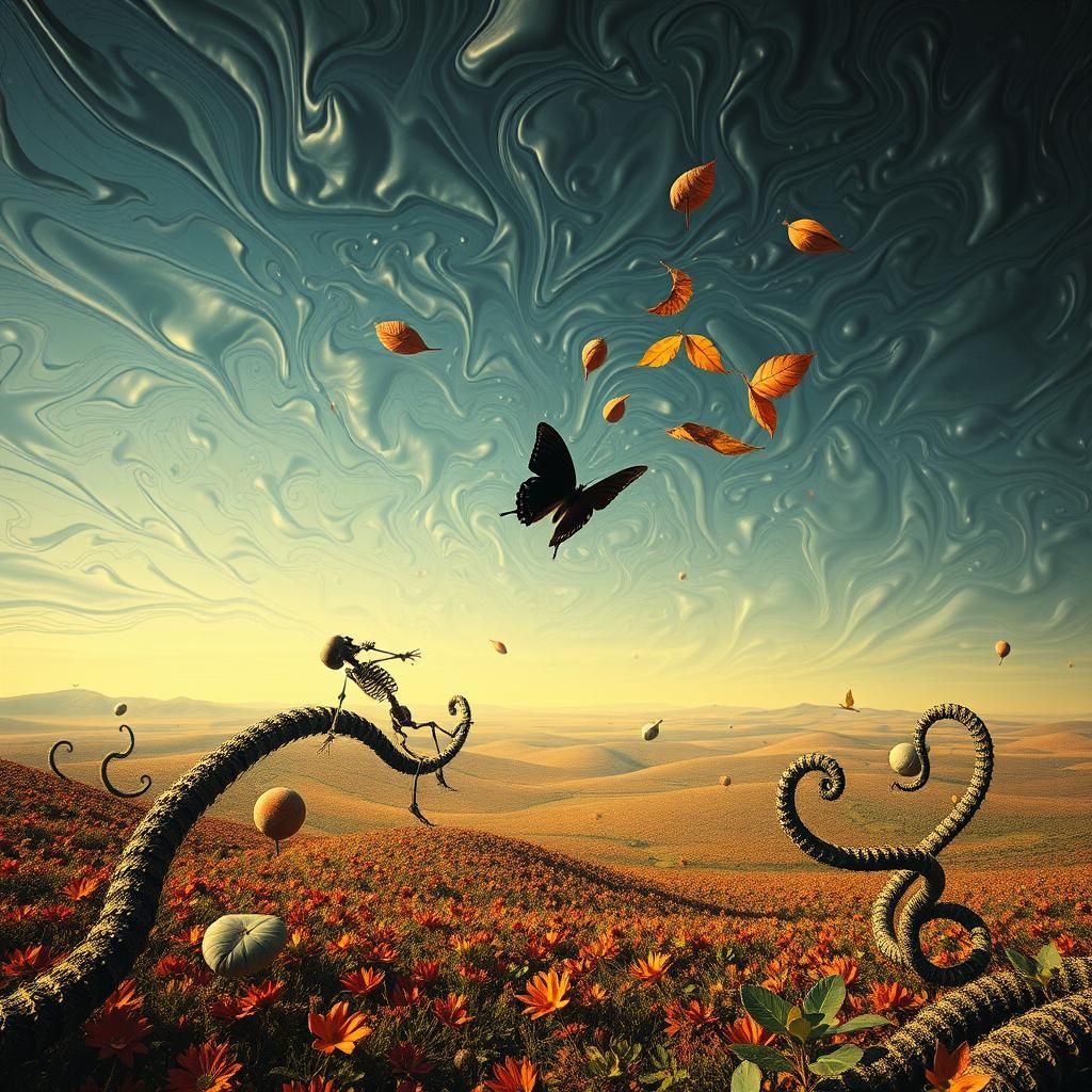 Surreal Landscape with Elastic Flora and Floating Skeleton