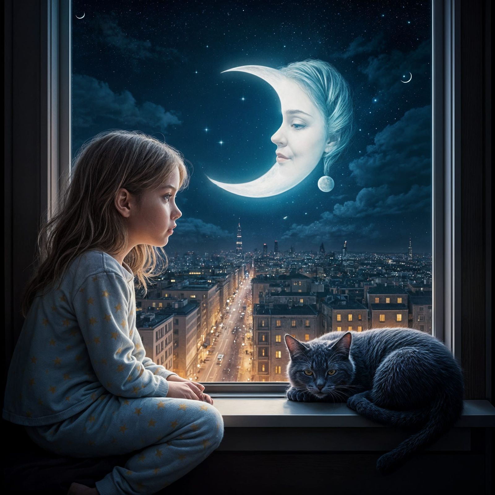 Enchanted Nighttime Scene with Hyperrealistic Moon and Citys...