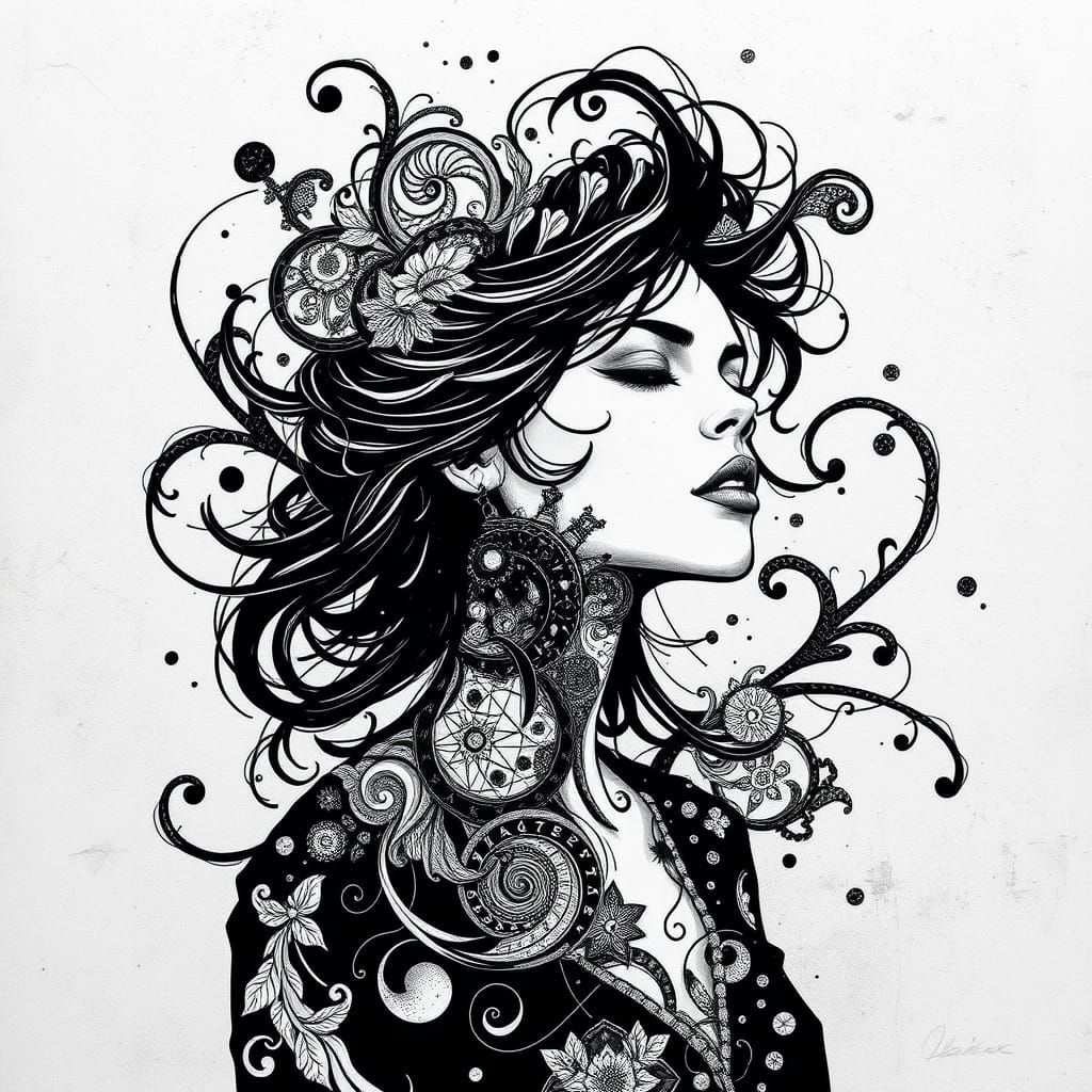 Ethereal Portrait in Dark Minimalist Style with Organic Patt...