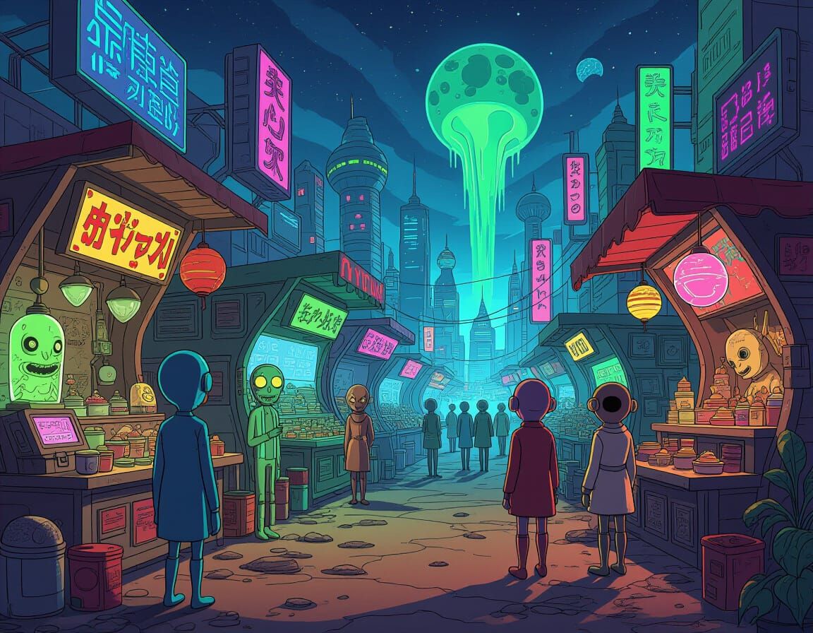 Eccentric Alien Market in Rick and Morty Style
