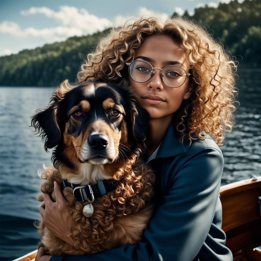 Girl Hugging Dog on Boat, Hyperrealistic Image
