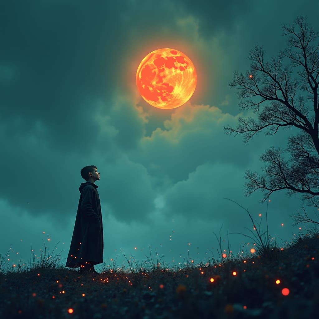 Boy Gazing at Orange Moon in Dreamlike Landscape