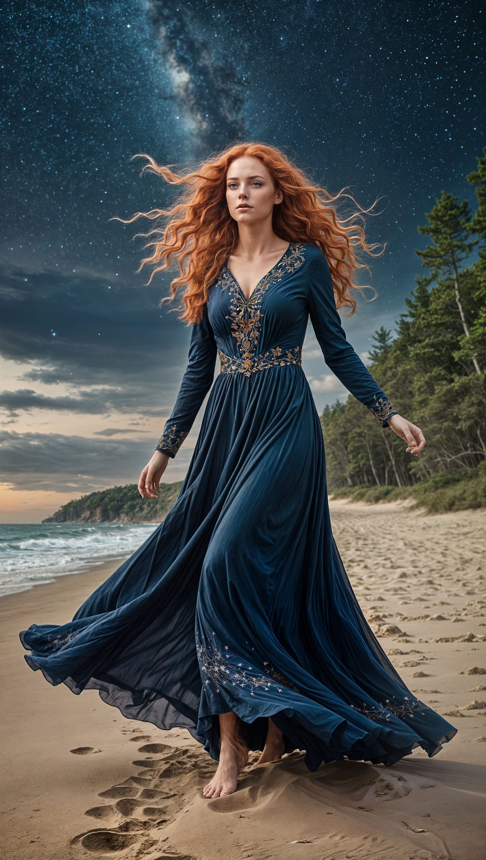 Woman with Orange Hair on Starry Beach