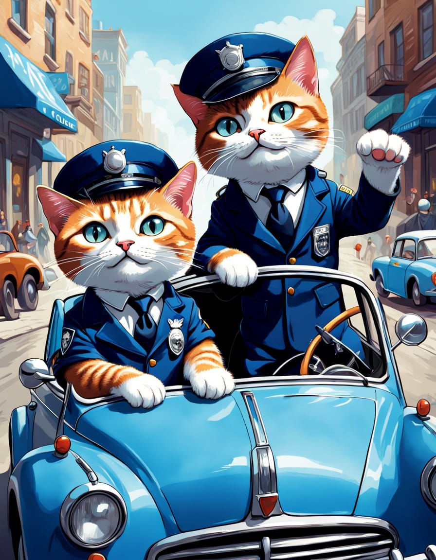 Cats as Police Officers in Vintage Car, Comic Art