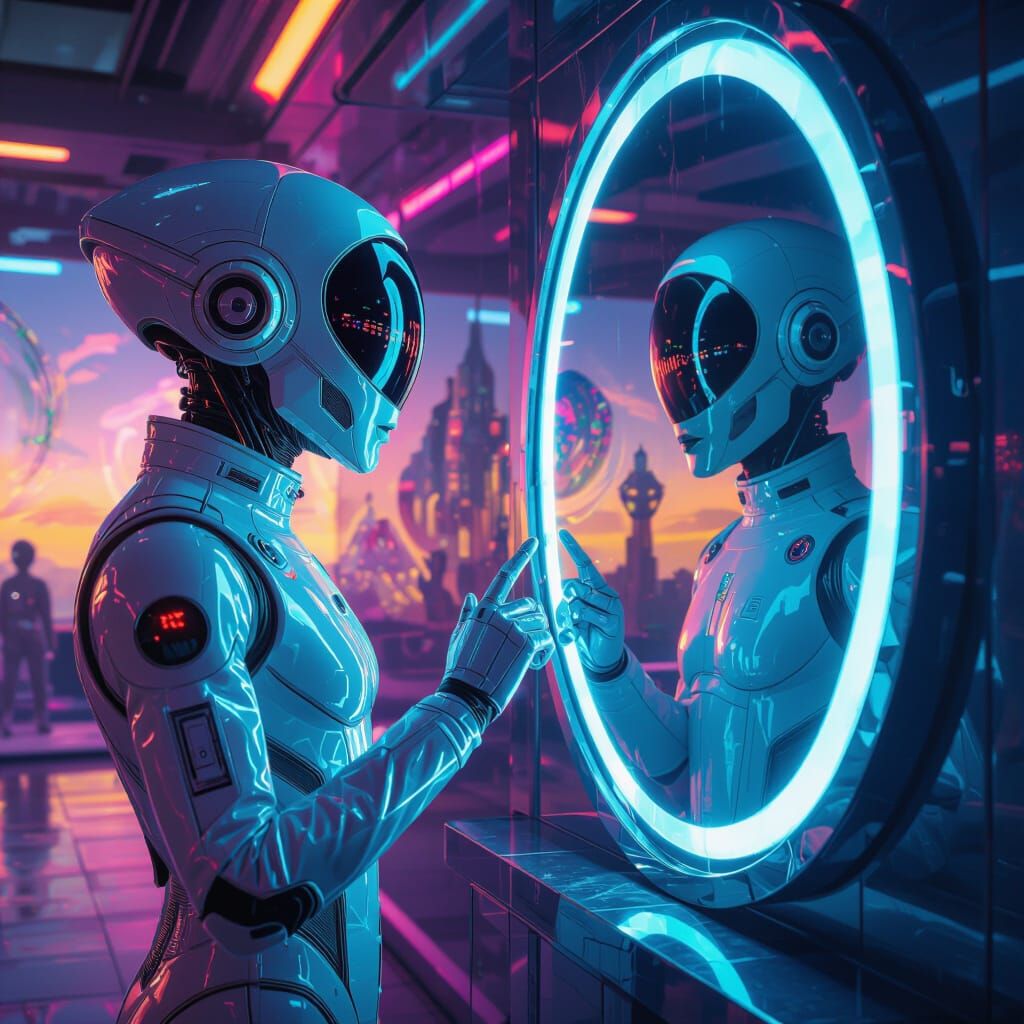 Alien Touches Time Mirror: Surreal Sci-Fi Art