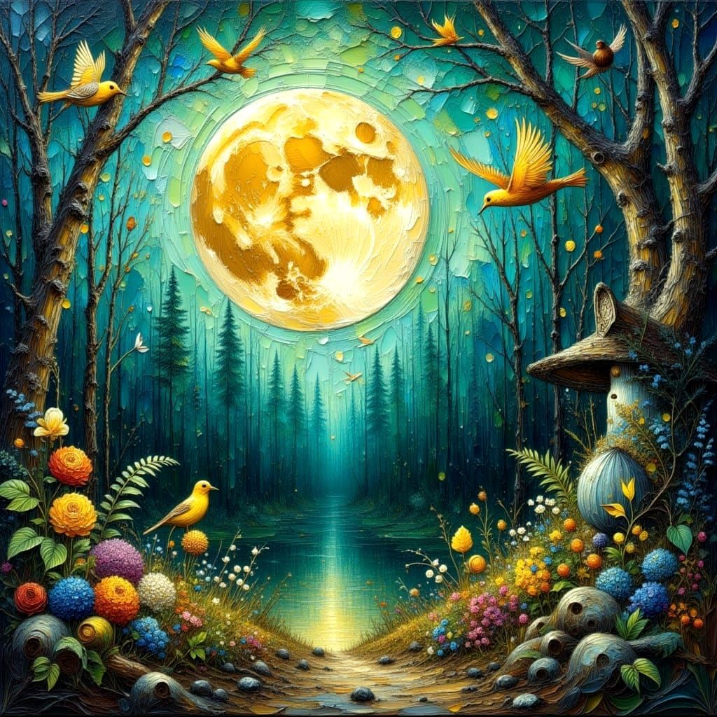 Birds in Moonlight: Impasto Oil Painting