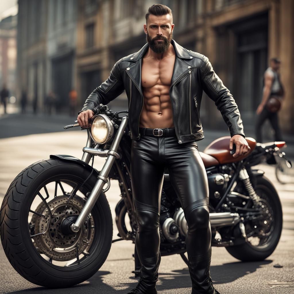 Muscular Biker in Shiny Leather Pants, Photorealistic