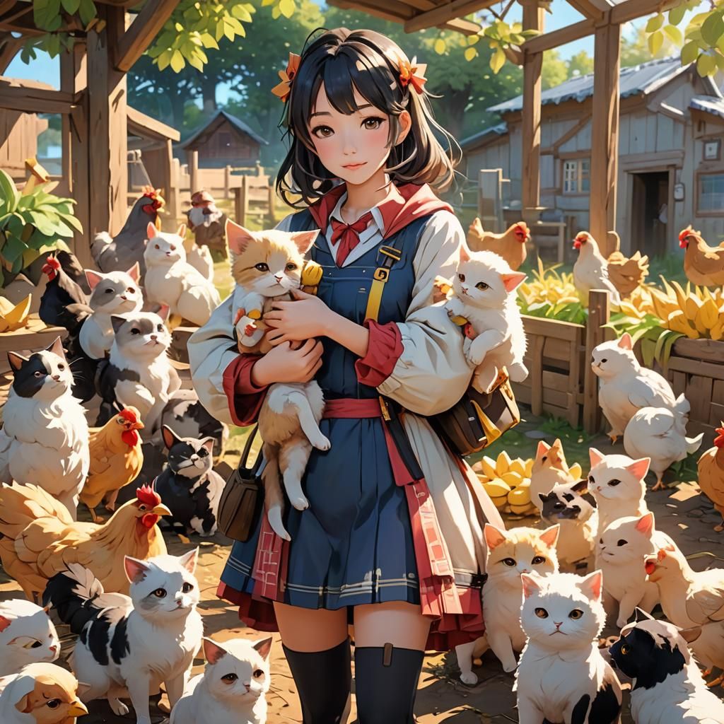 Anime Woman with Animals in Whimsical Farm Setting