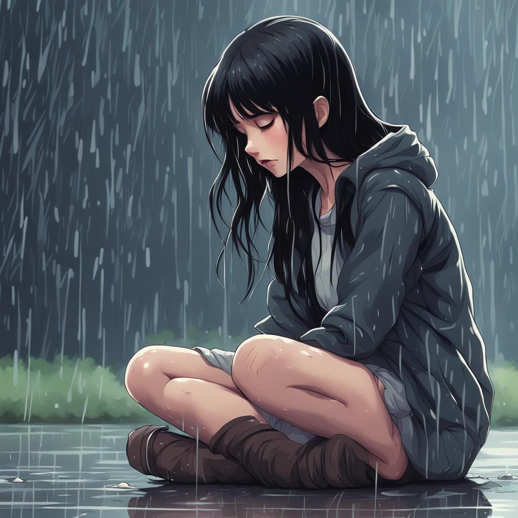 Teenage Girl Crying in the Rain: Anime Illustration