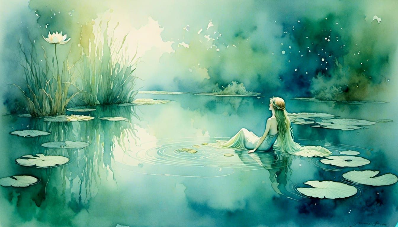 Bioluminescent Nymph Rising in Watercolor Painting