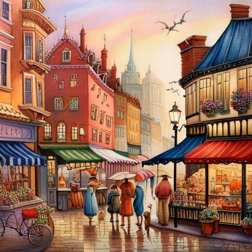 Colorful Cityscape Illustration in Children's Book Style