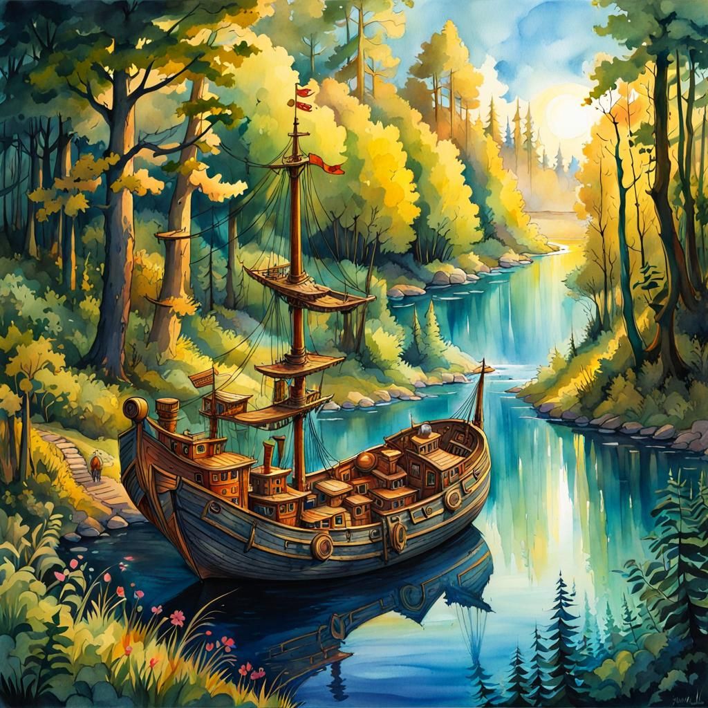 Cartoon Junk Ship in Summer Forest Watercolor Painting