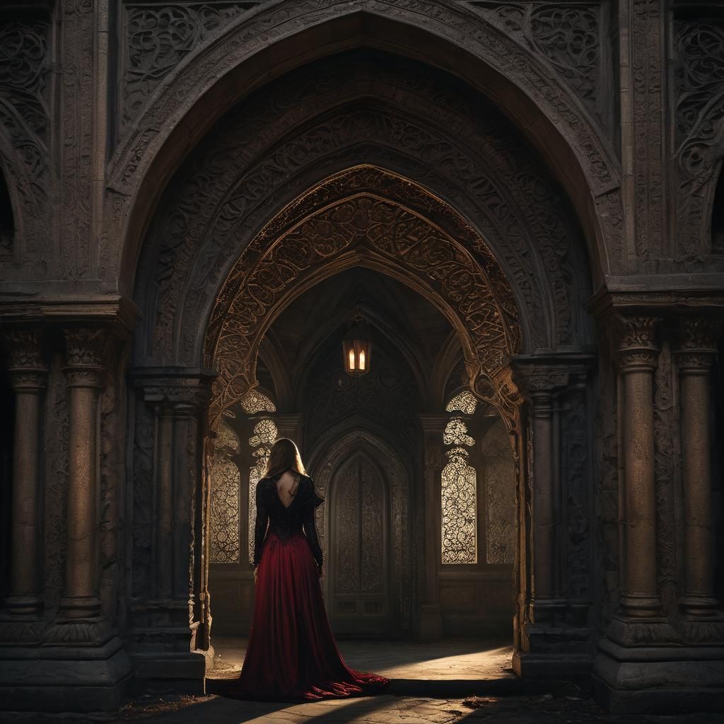 In a realm where shadows dance and whispers echo, she stands cloaked in lace and mystery. Beneath the crimson gaze of th...
