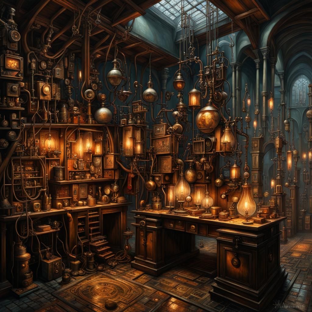 Steampunk Lab in Medieval Dungeon, Oil Painting