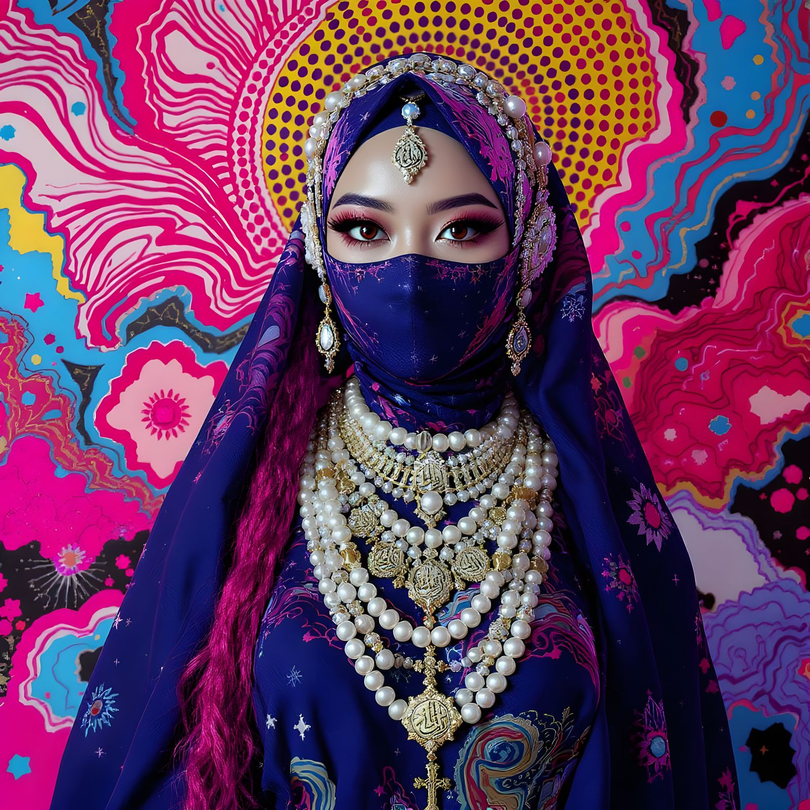 Asian Woman in Pearl Niqab, Digital Art Style