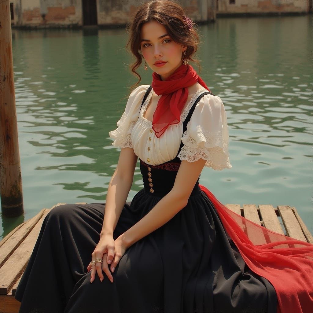 Elegant European Woman in Basque Dancer's Attire Under Ponto...