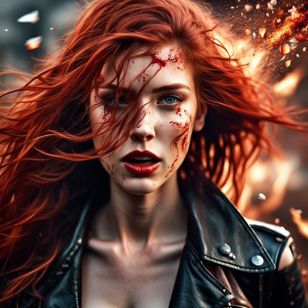 Hyperrealistic Woman with Red Hair in Explosive Scene