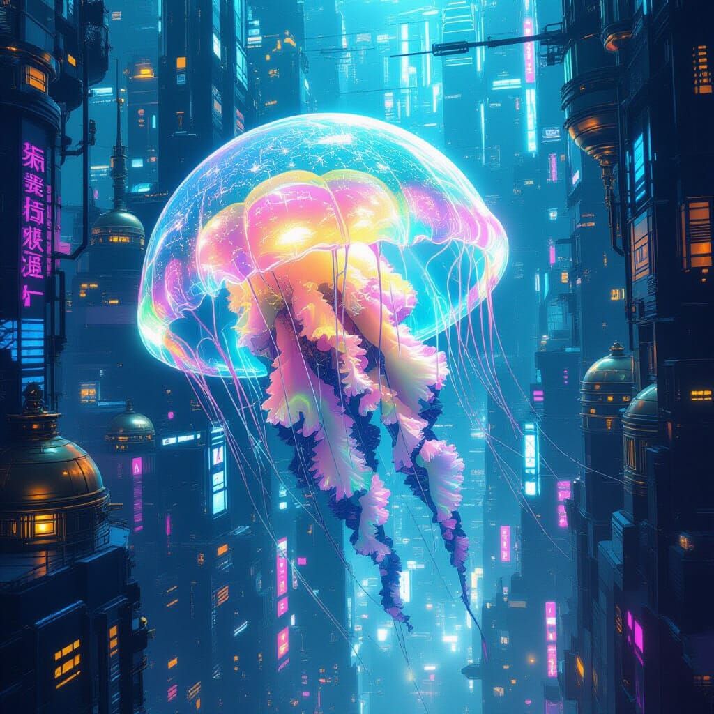 Colossal Bioluminescent Jellyfish in Futuristic Cityscape