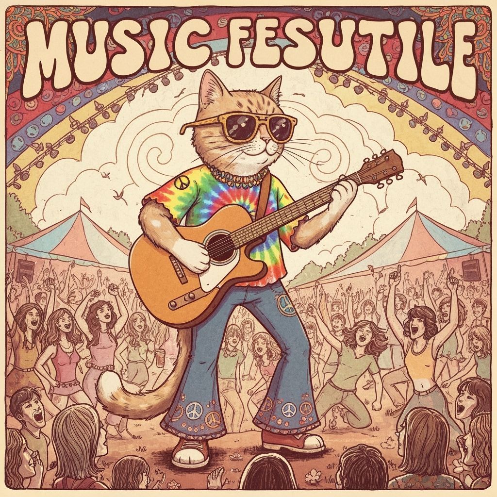Groovy Cat Playing Guitar at Psychedelic Music Festival