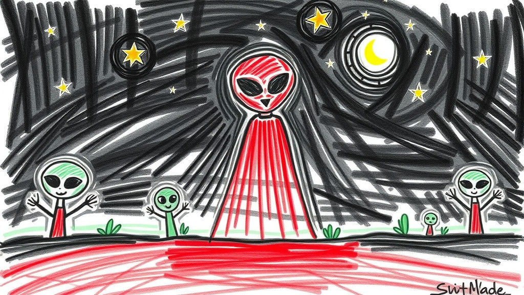 Childlike Crayon Drawing of Alien Abduction