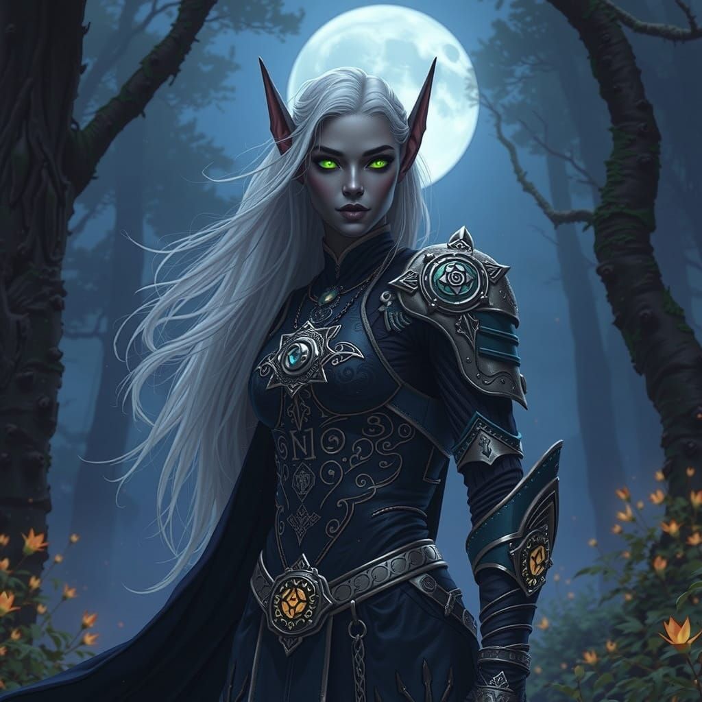 Ebony Elf in Bioluminescent Forest: Dark Fantasy Concept Art