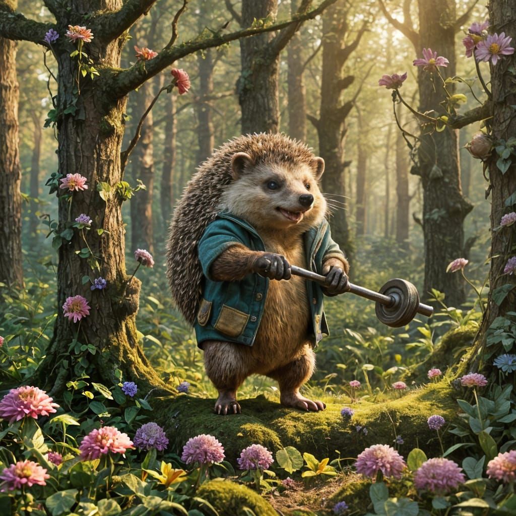 Hedgehog Weightlifter in Forest Clearing: Digital Matte Pain...