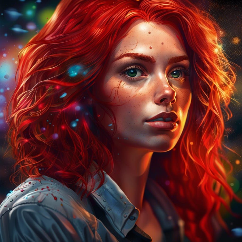 Redhead in Space with Photocopier: Hyperrealistic Splash Art