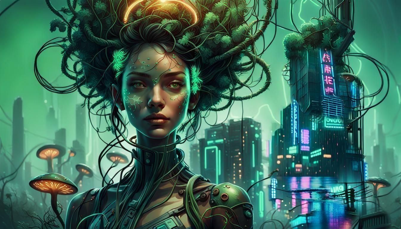 Cyberpunk Cityscape: Moss-Covered Building in Neon Maze