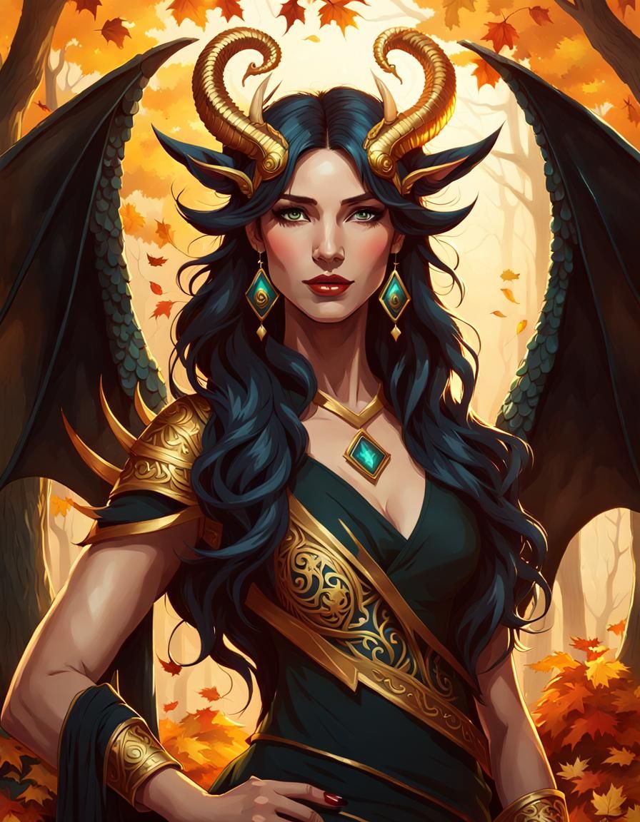 Dragon Woman Portrait in Autumn Forest, Digital Art