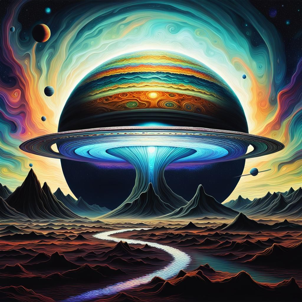 UFO over Saturn: Cosmic Astral Illustration