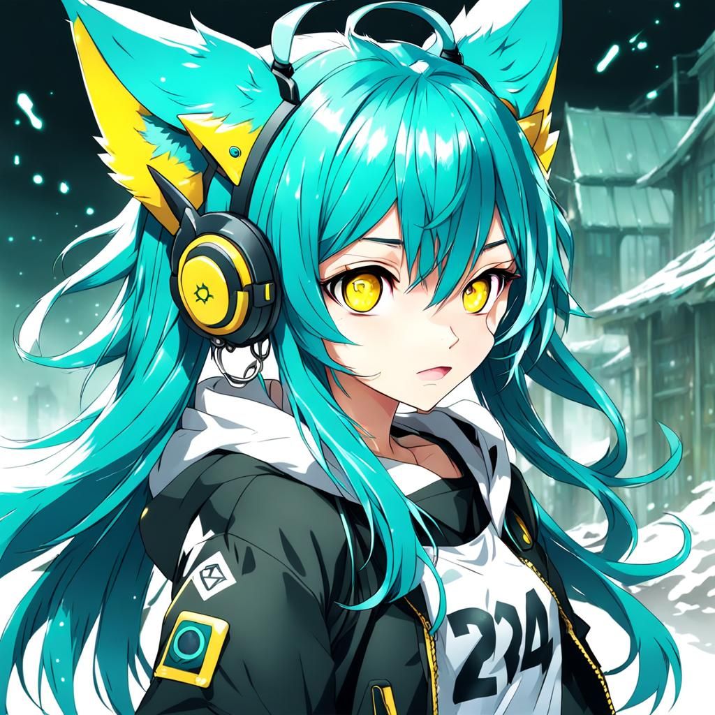 Teal-Haired Anime Girl with Cybernetic Wolf Ears
