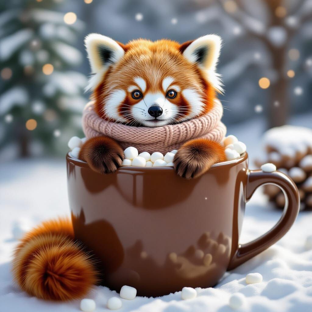 Red Panda Enjoys Hot Chocolate in Cozy Winter Scene