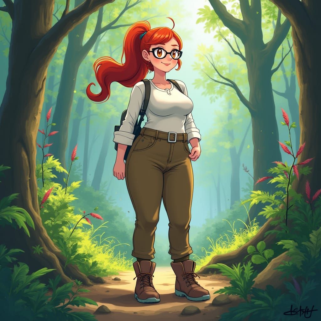 Curvy Female Pokémon Trainer in Whimsical Forest Landscape