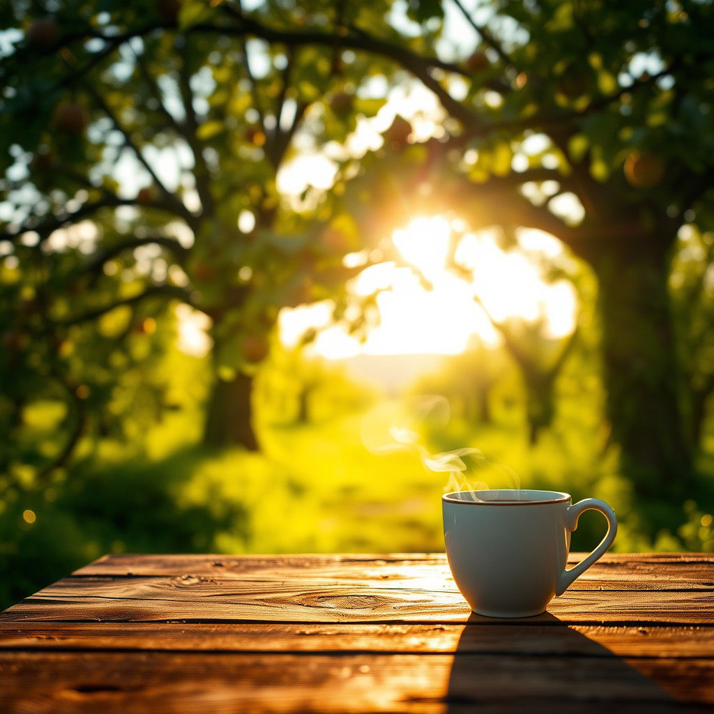 Orchard Coffee: Rustic Table Under Apple Tree