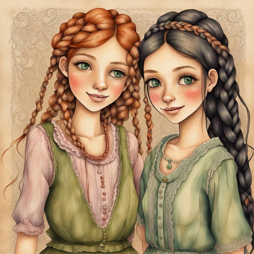 Two Friends in Pastel Surreal Ink Art