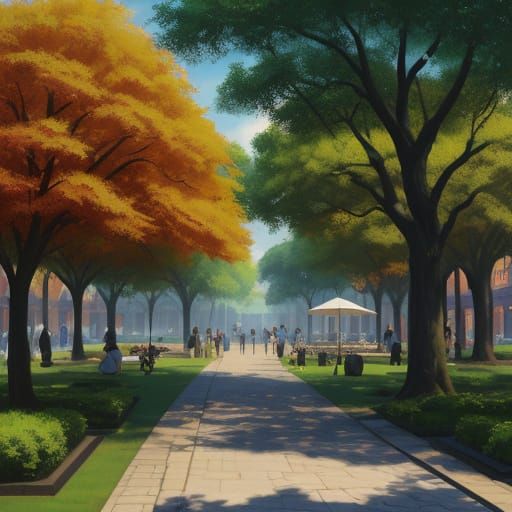 Sultry Summer City Park in Vibrant Oil Painting