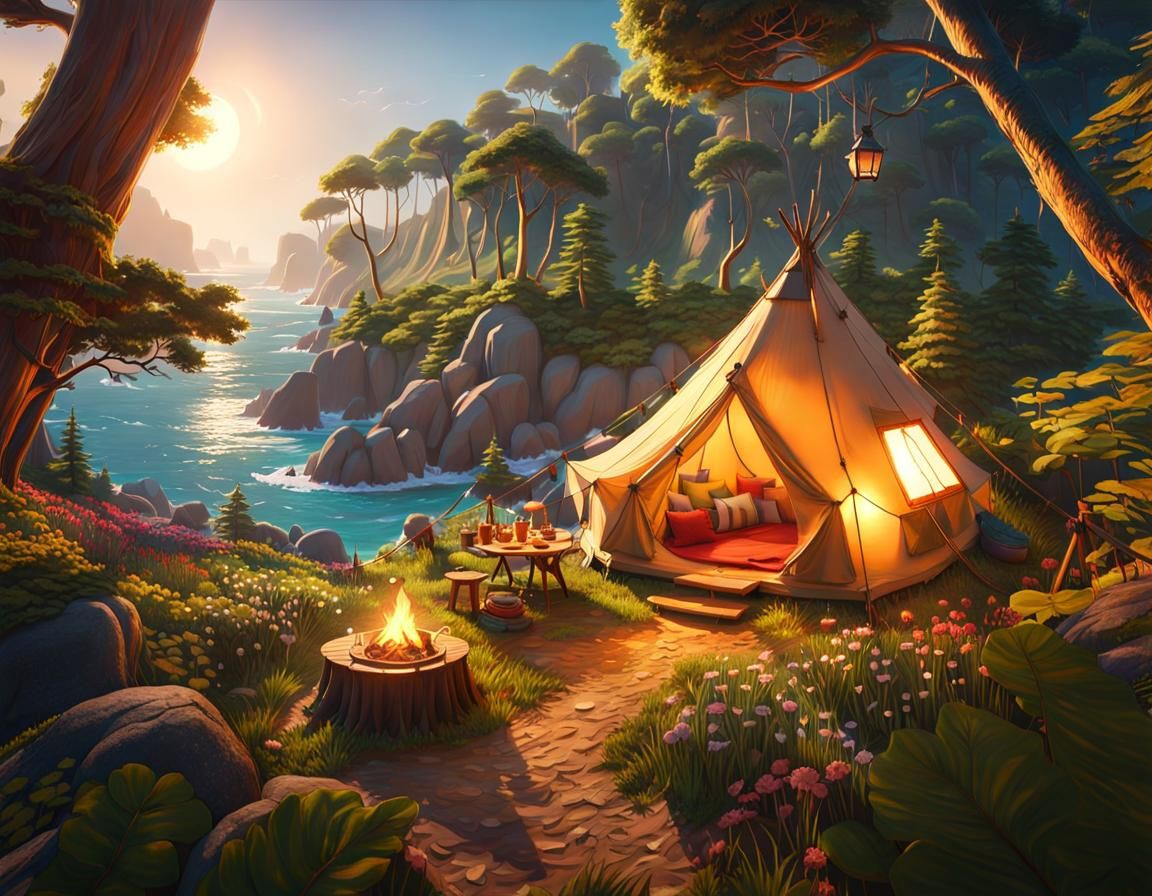 Whimsical Seaside Camping Spot in Detailed Matte Painting