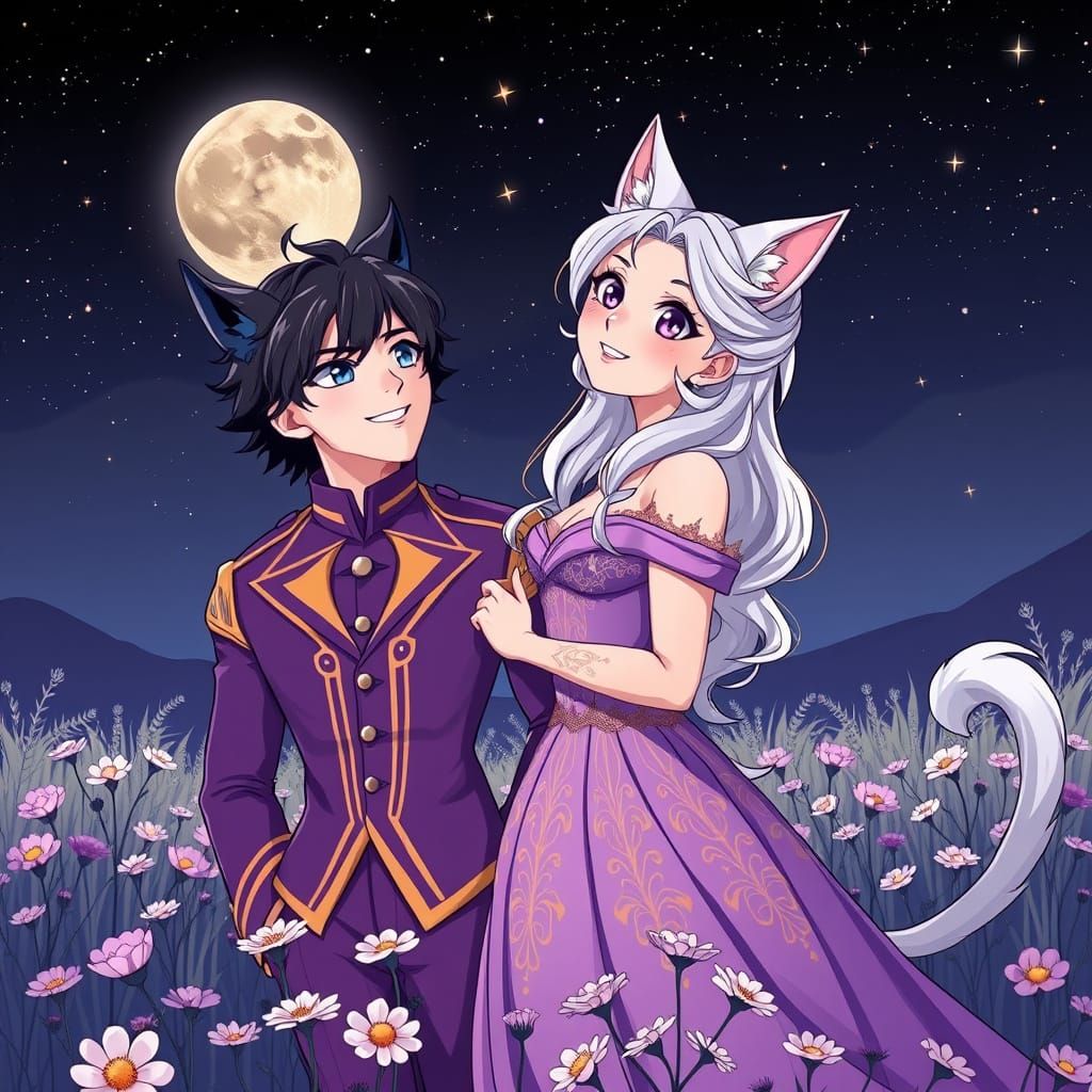 Cute Anime Couple Under Starry Night Sky in Elegant Wedding ...